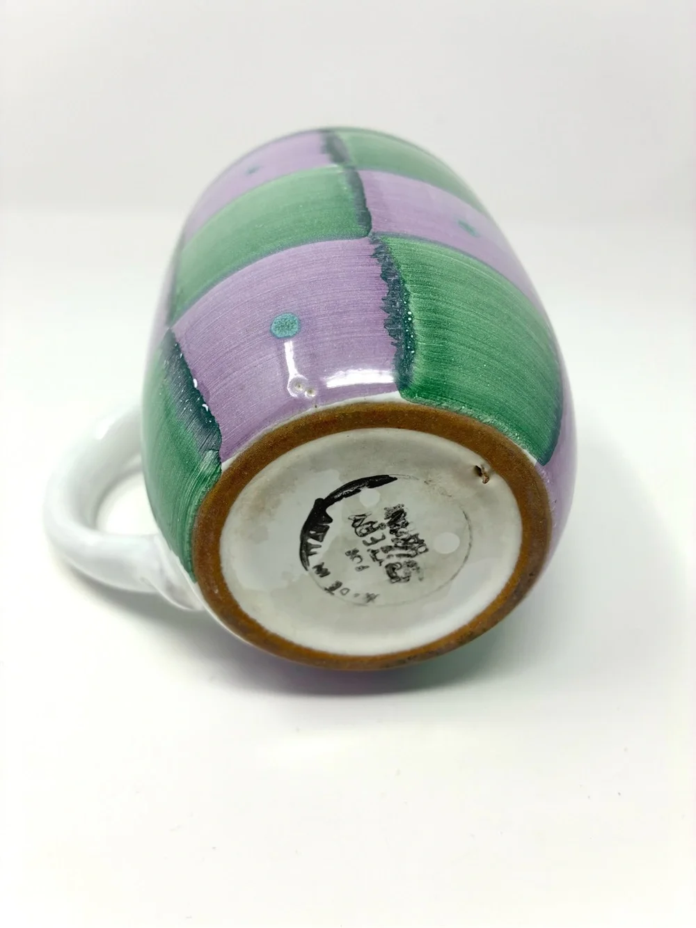 Pottery Barn “Sunnyside” Mug 4 1/8 Green-Purple Checkered Italy Earthenware